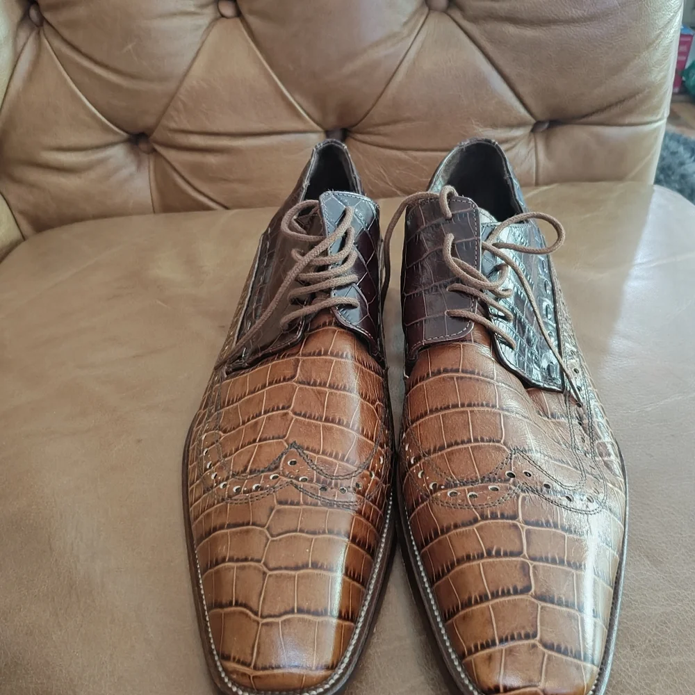 Stylish Two-Tone Brown Crocodile Men's Brogues. 43.5 (10.5) Silvio Belli. Welted - Picture 2 of 8